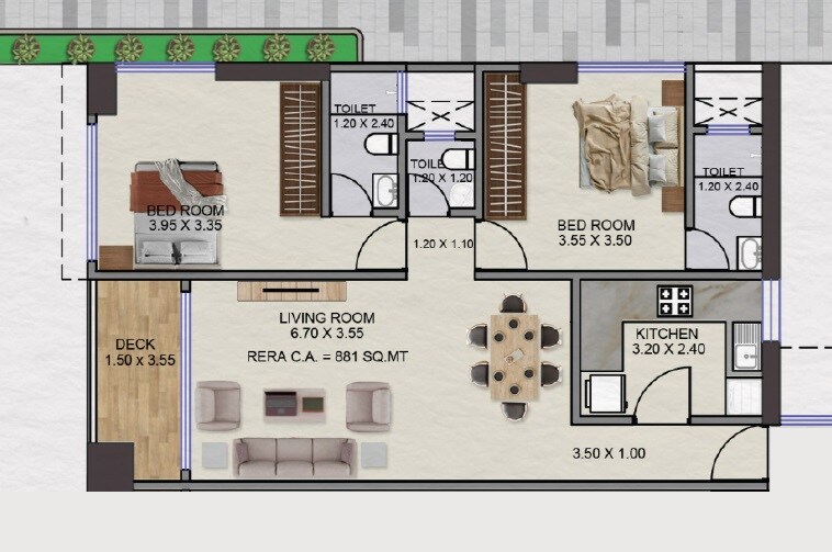 Floor plan of 2 BHK 881 Sq. Ft. Apartment in Navyug Bafna Pride, Mumbai