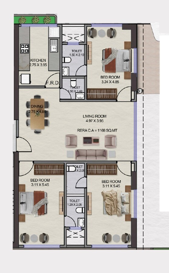 Floor plan of 3 BHK 1168 Sq. Ft. Apartment in Navyug Bafna Pride, Mumbai