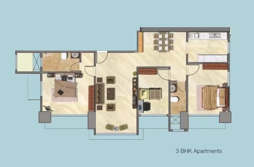 Floor plan of 3 BHK 960 Sq. Ft. Apartment in ND Palai Towers, Mumbai
