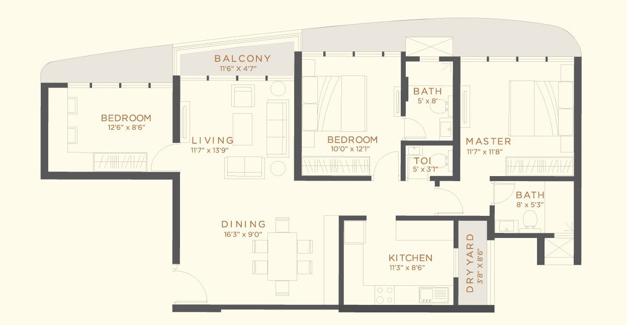Floor plan of 3 BHK 1333 Sq. Ft. Apartment in NDW Vipin Residency, Mumbai