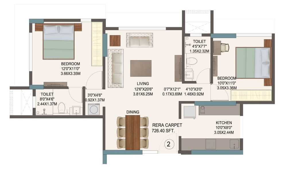 Floor plan of 2 BHK 726 Sq. Ft. Apartment in Neel Sidhi Brindavan, Mumbai