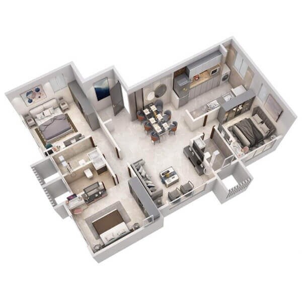 Floor plan of 3 BHK 1019 Sq. Ft. Apartment in Neel Sidhi Brindavan, Mumbai