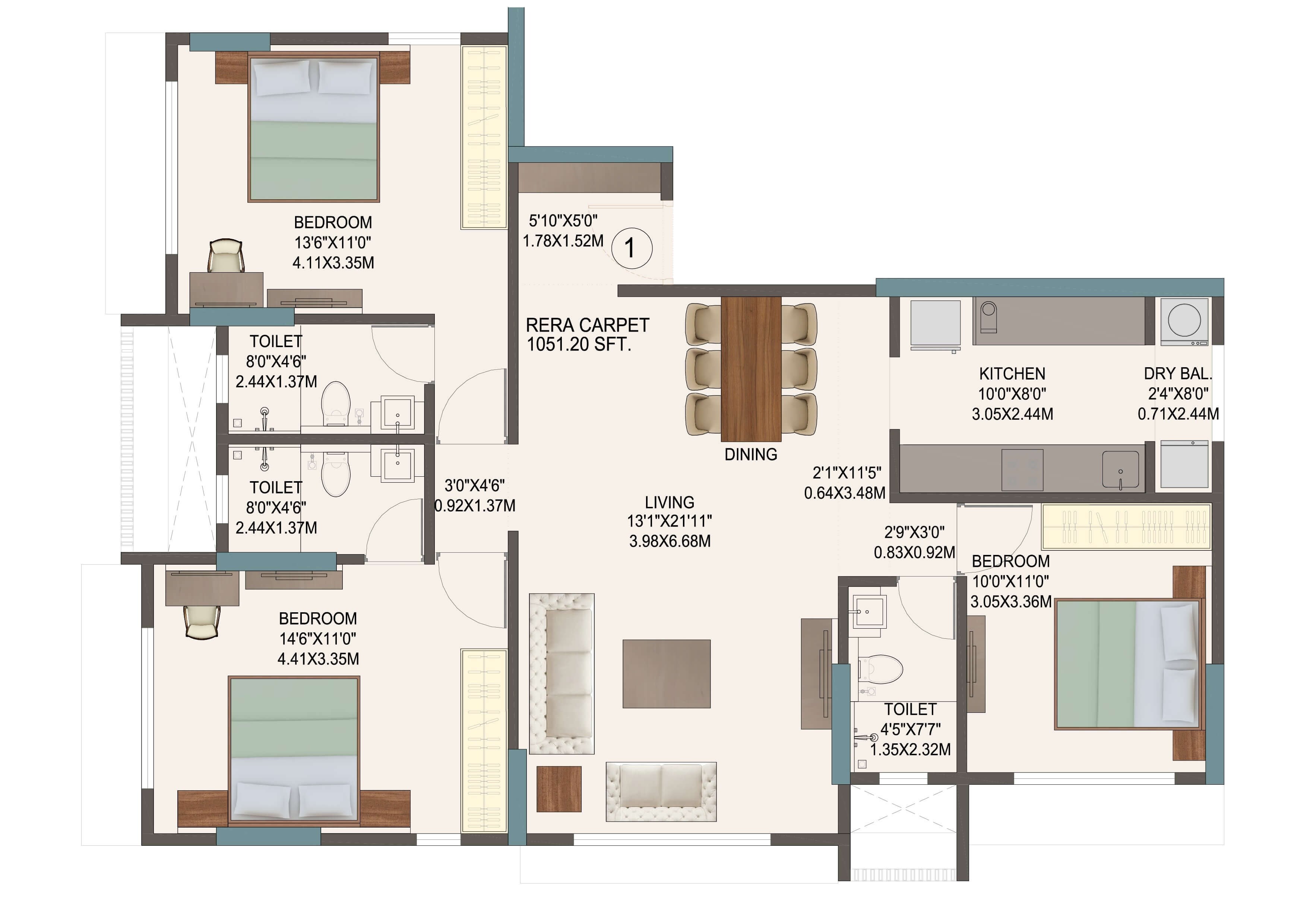 Floor plan of 3 BHK 1051 Sq. Ft. Apartment in Neel Sidhi Brindavan, Mumbai