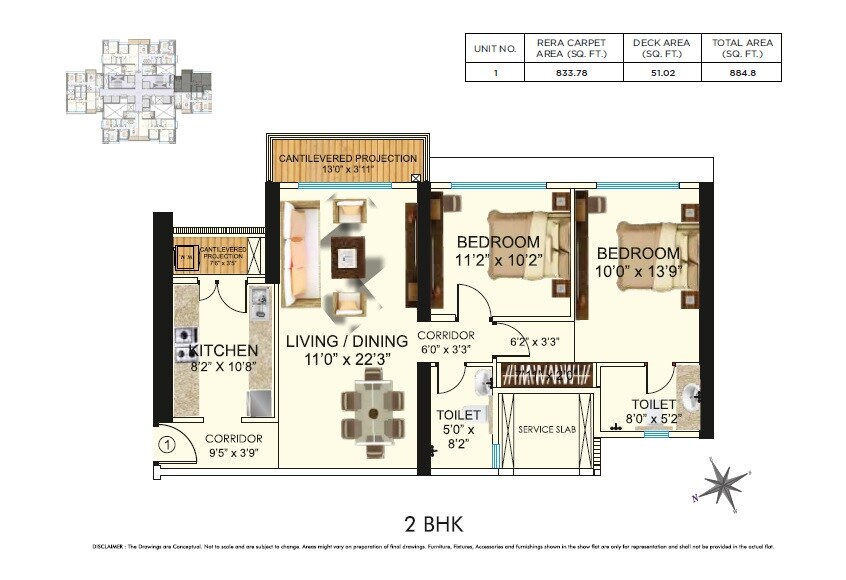 Floor plan of 2 BHK 885 Sq. Ft. Apartment in Neelam Senroofs, Mumbai
