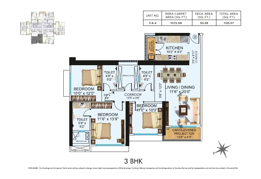 Floor plan of 3 BHK 1125 Sq. Ft. Apartment in Neelam Senroofs, Mumbai