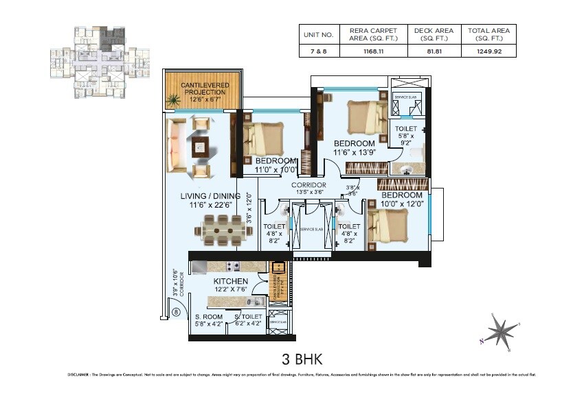 Floor plan of 3 BHK 1250 Sq. Ft. Apartment in Neelam Senroofs, Mumbai