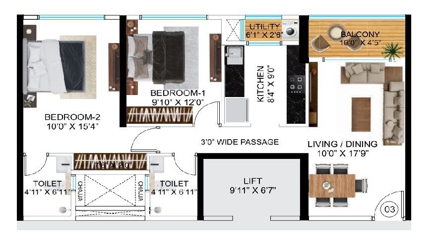Floor plan of 2 BHK 752 Sq. Ft. Apartment in Neelam Signature Residences, Mumbai