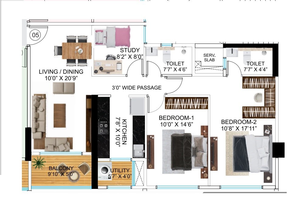 Floor plan of 3 BHK 943 Sq. Ft. Apartment in Neelam Signature Residences, Mumbai
