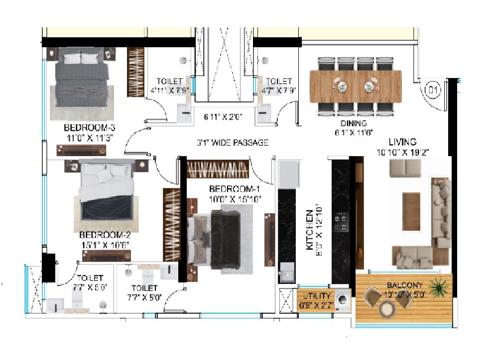 Floor plan of 3 BHK 1201 Sq. Ft. Apartment in Neelam Signature Residences, Mumbai