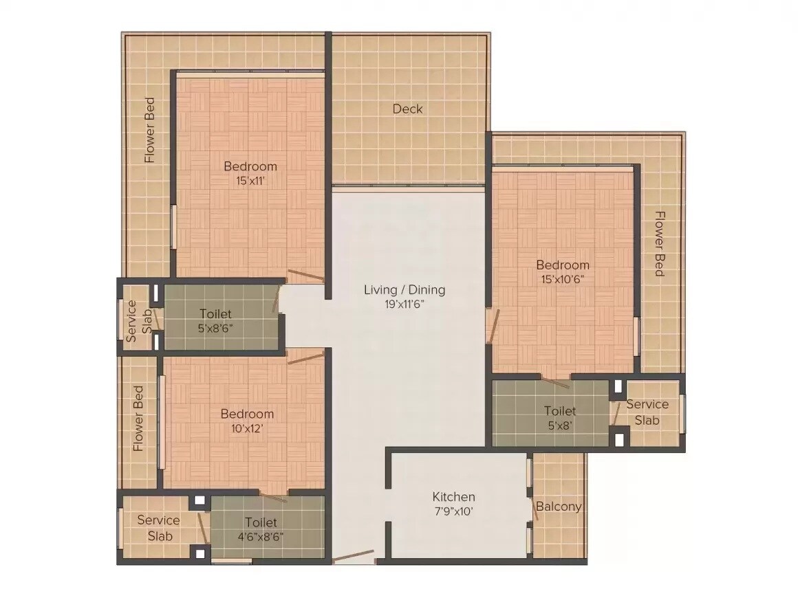 Floor plan of 3 BHK 1910 Sq. Ft. Apartment in Neelam  Spiro, Mumbai
