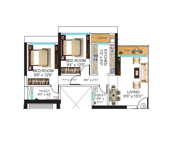 Floor plan of 2 BHK 594 Sq. Ft. Apartment in Neelam Supremo Mulund, Mumbai