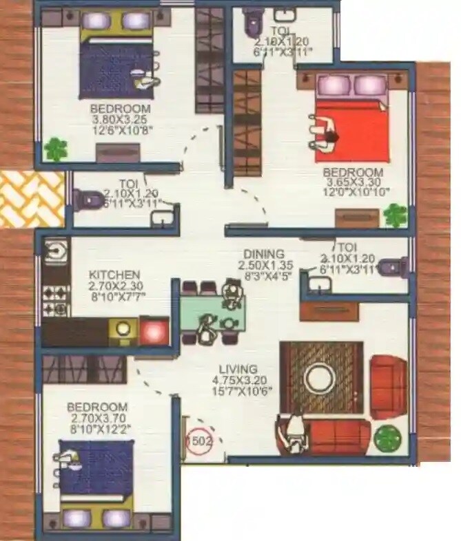 Floor plan of 3 BHK 777 Sq. Ft. Apartment in Neelkamal Heights Borivalli, Mumbai