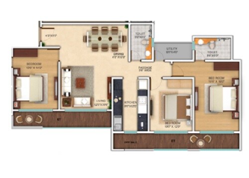 Floor plan of 3 BHK 1191 Sq. Ft. Apartment in Neelkanth Enclave Mumbai, Mumbai