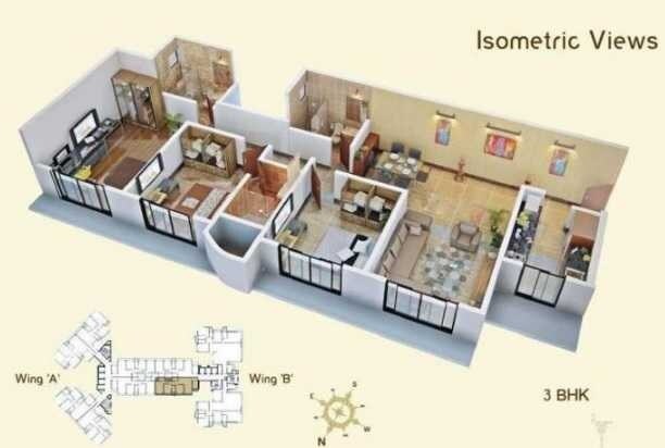 Floor plan of 3 BHK 855 Sq. Ft. Apartment in Neelkanth Regent Building 3 Wing A and Wing B, Mumbai