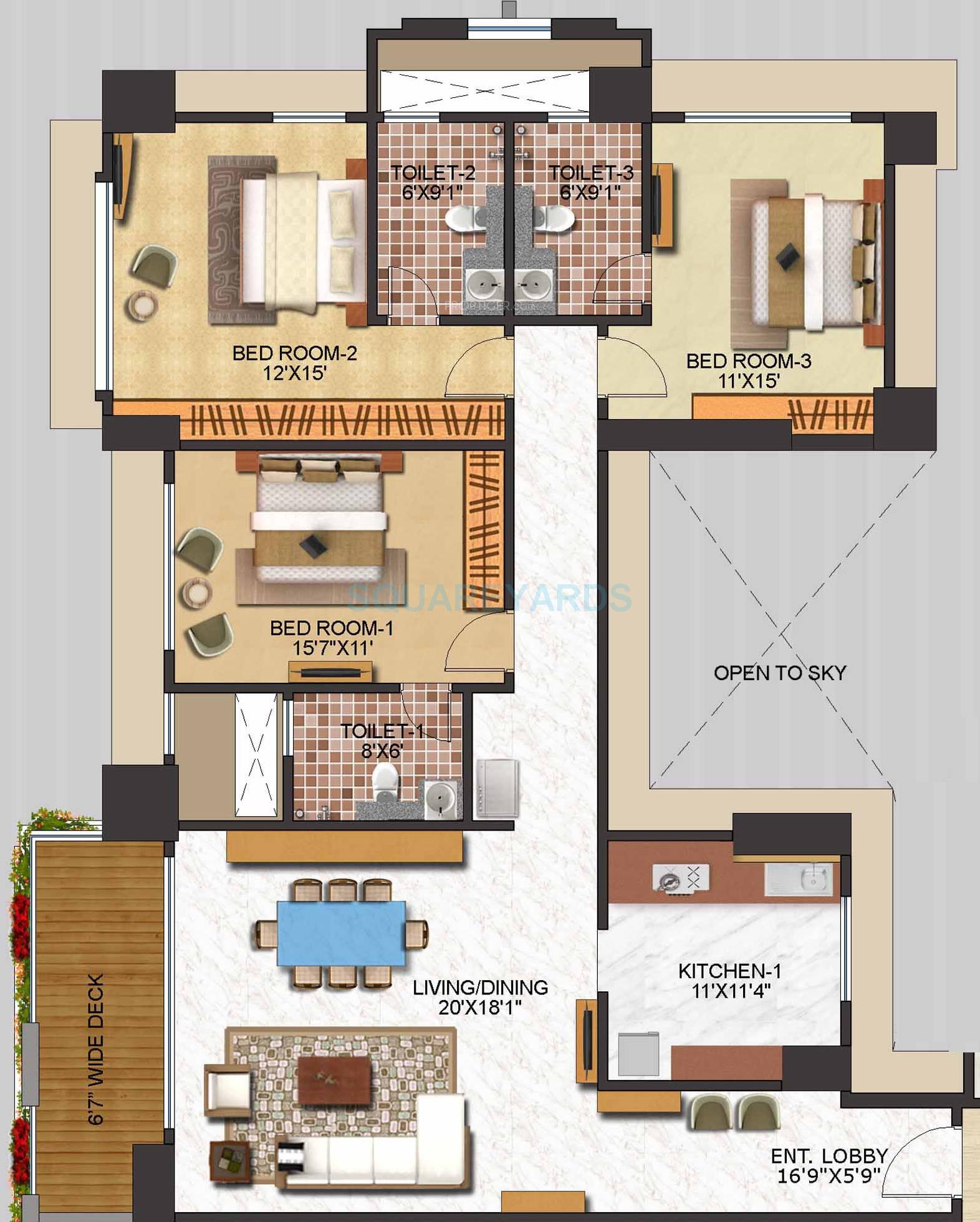 Floor plan of 3 BHK 2425 Sq. Ft. Apartment in Neelkanth Royale, Mumbai