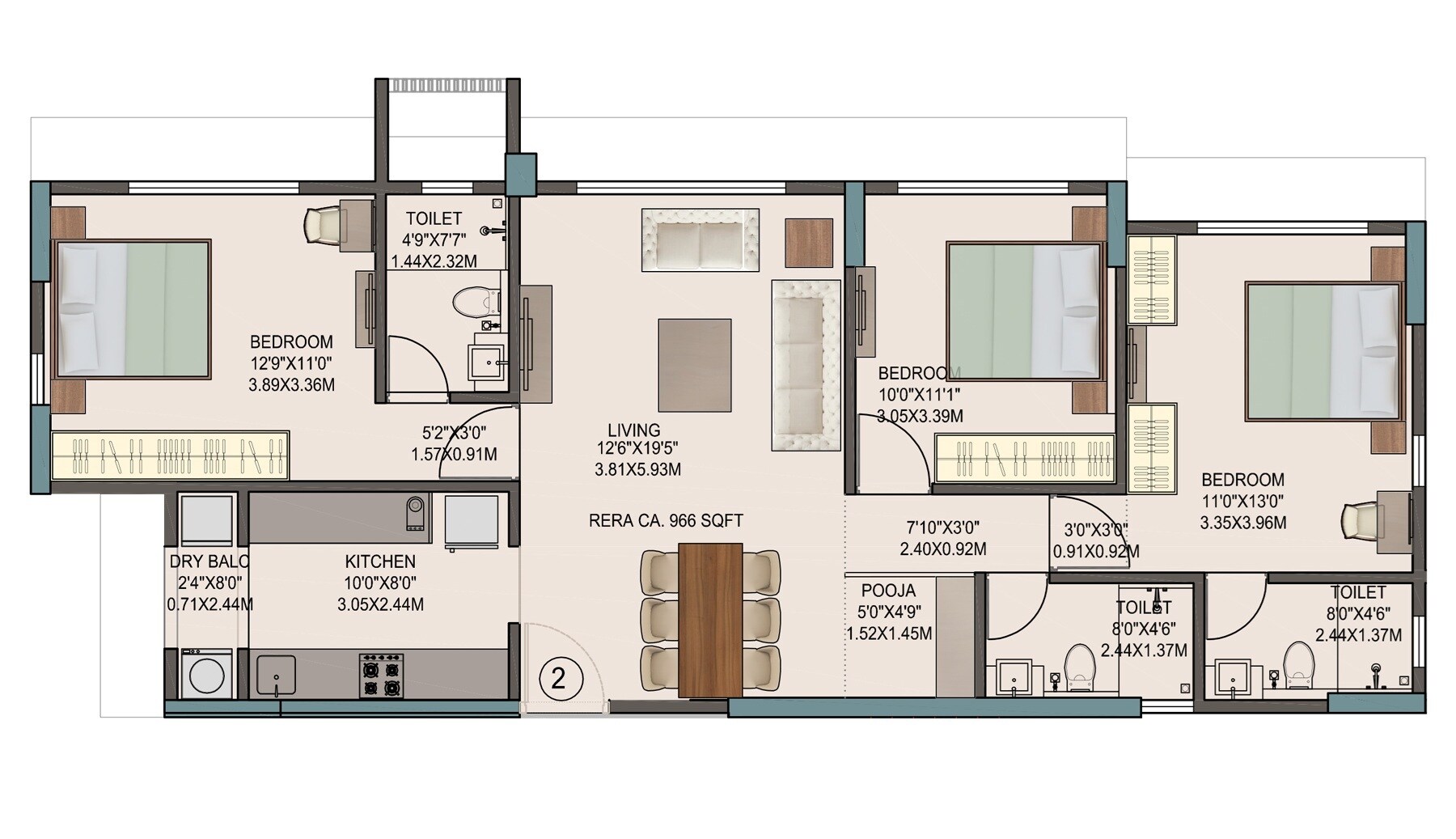Floor plan of 2 BHK 966 Sq. Ft. Apartment in Neelsidhi Ashwin, Mumbai