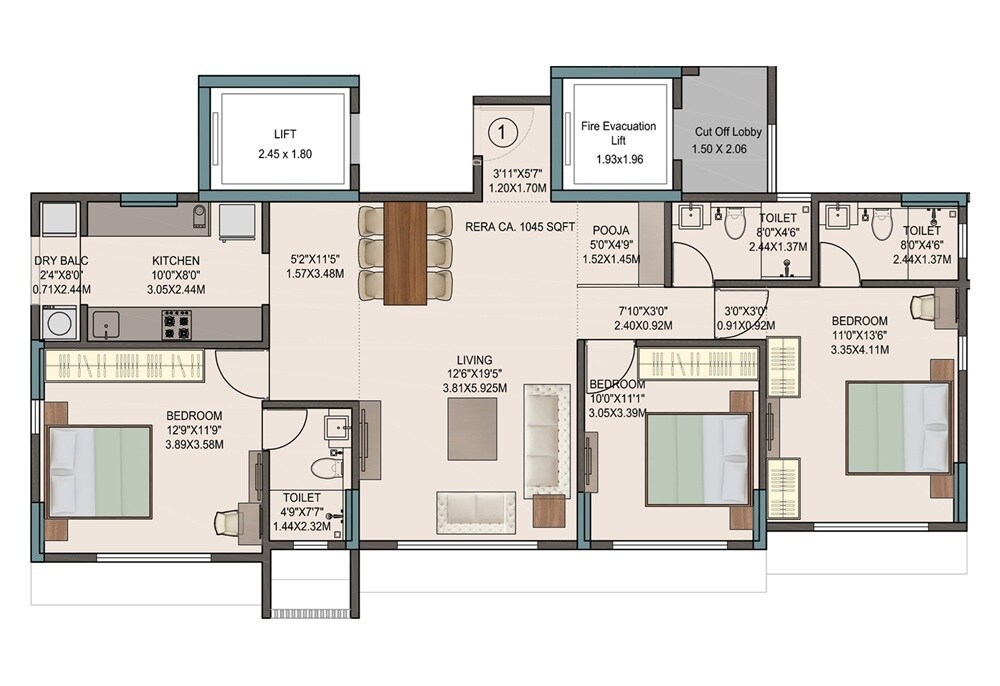 Floor plan of 3 BHK 1045 Sq. Ft. Apartment in Neelsidhi Ashwin, Mumbai