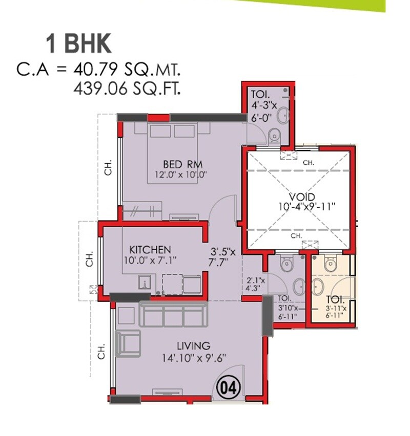 Floor plan of 1 BHK 439 Sq. Ft. Apartment in Neelyog Veydaanta, Mumbai