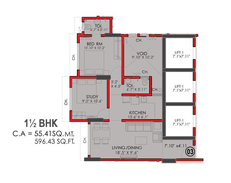 Floor plan of 1 BHK 596 Sq. Ft. Apartment in Neelyog Veydaanta, Mumbai