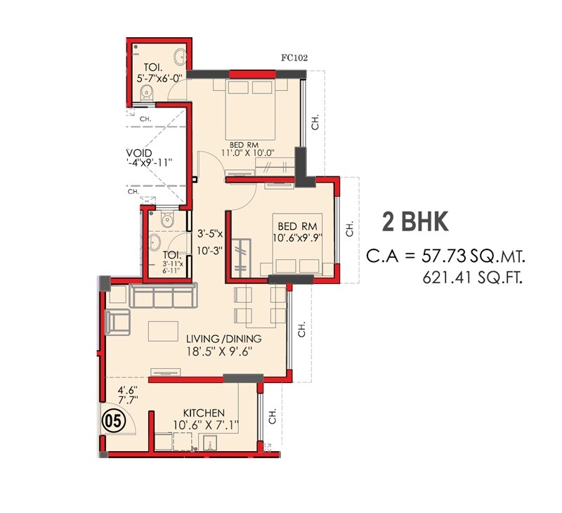 Floor plan of 2 BHK 621 Sq. Ft. Apartment in Neelyog Veydaanta, Mumbai