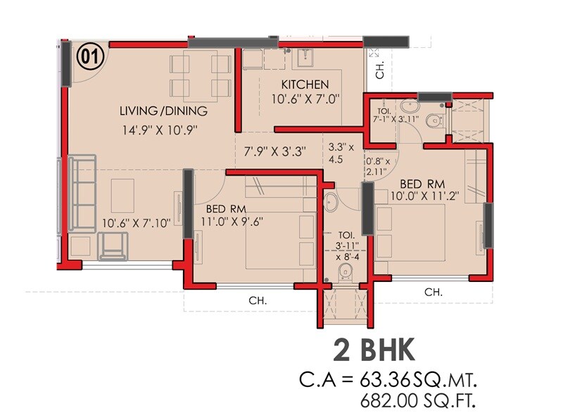 Floor plan of 2 BHK 682 Sq. Ft. Apartment in Neelyog Veydaanta, Mumbai