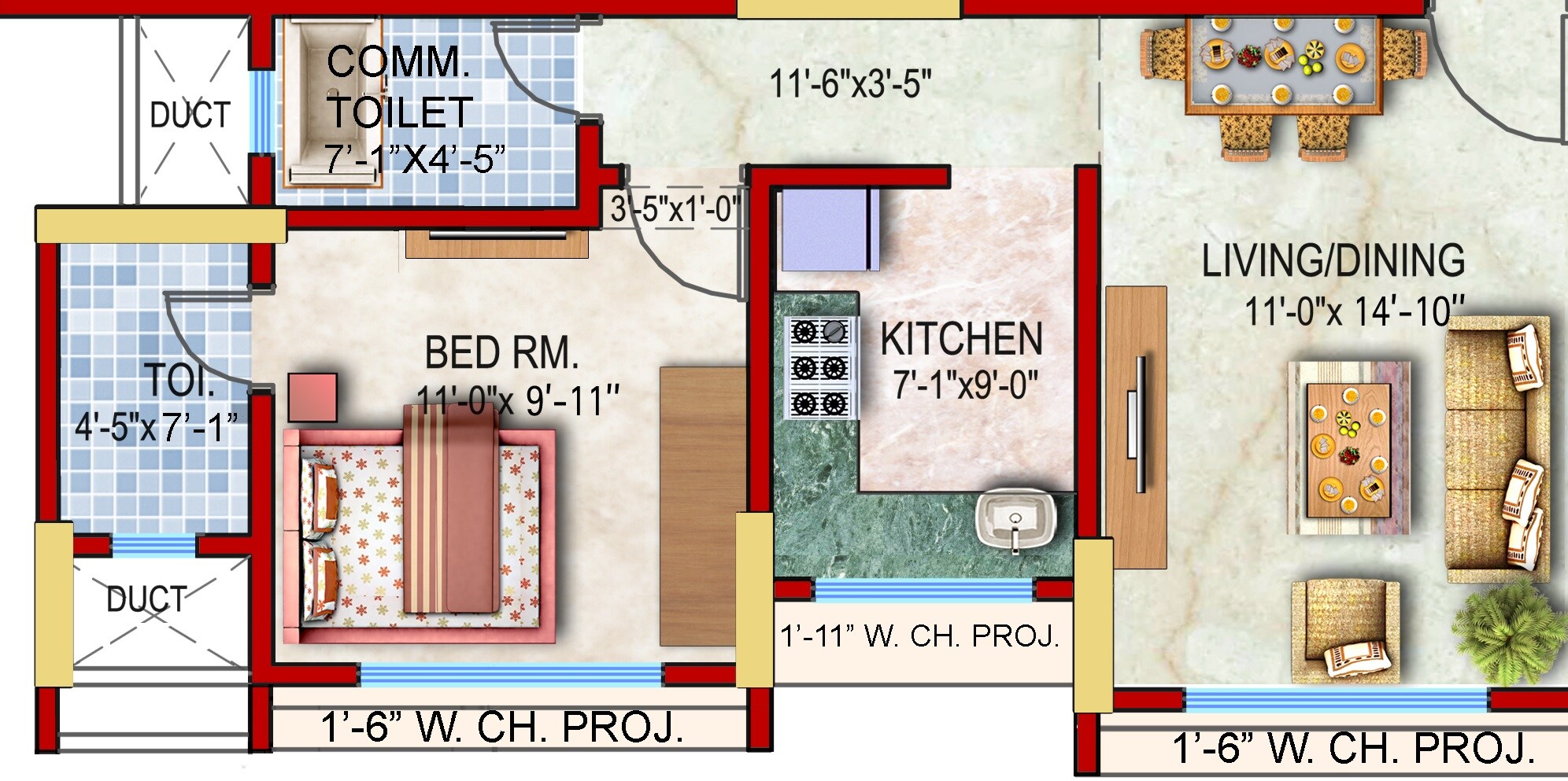 Floor plan of 1 BHK 466 Sq. Ft. Apartment in Neelyog Virat, Mumbai