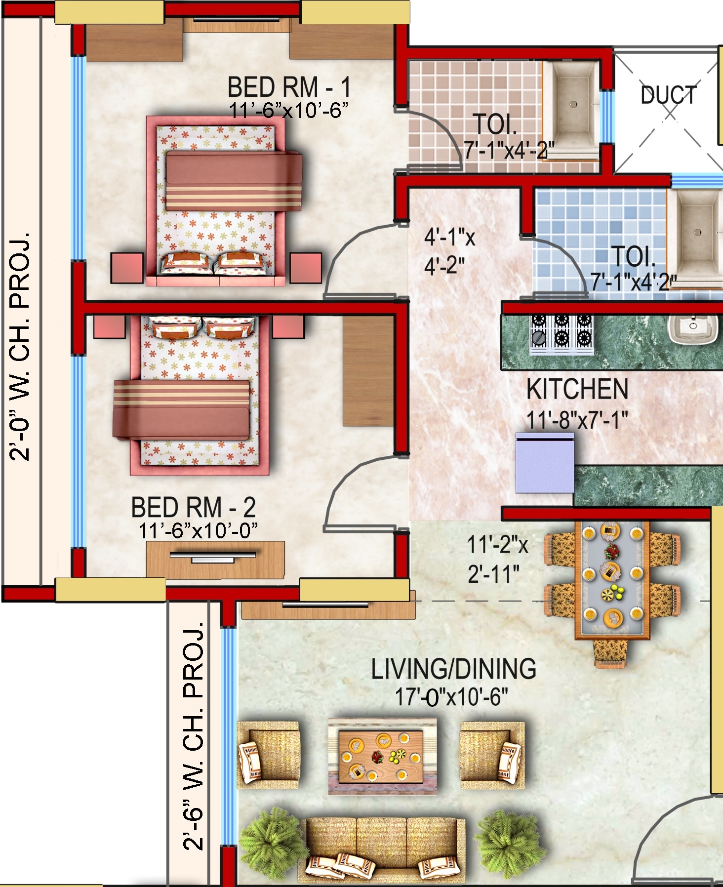 Floor plan of 2 BHK 636 Sq. Ft. Apartment in Neelyog Virat, Mumbai