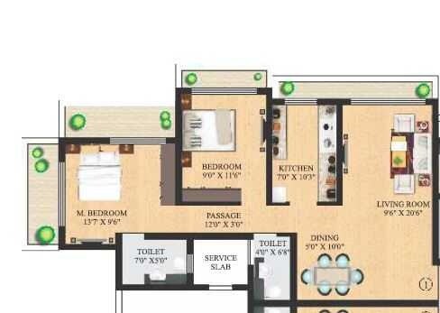 Floor plan of 2 BHK 1125 Sq. Ft. Apartment in Neminath Avenue, Mumbai