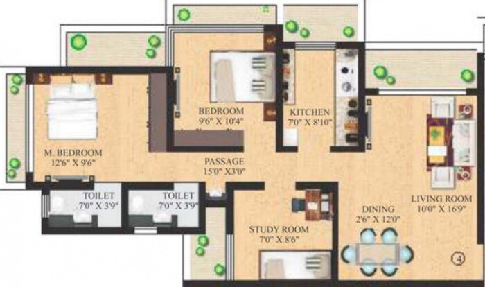 Floor plan of 2 BHK 1125 Sq. Ft. Apartment in Neminath Imperia, Mumbai