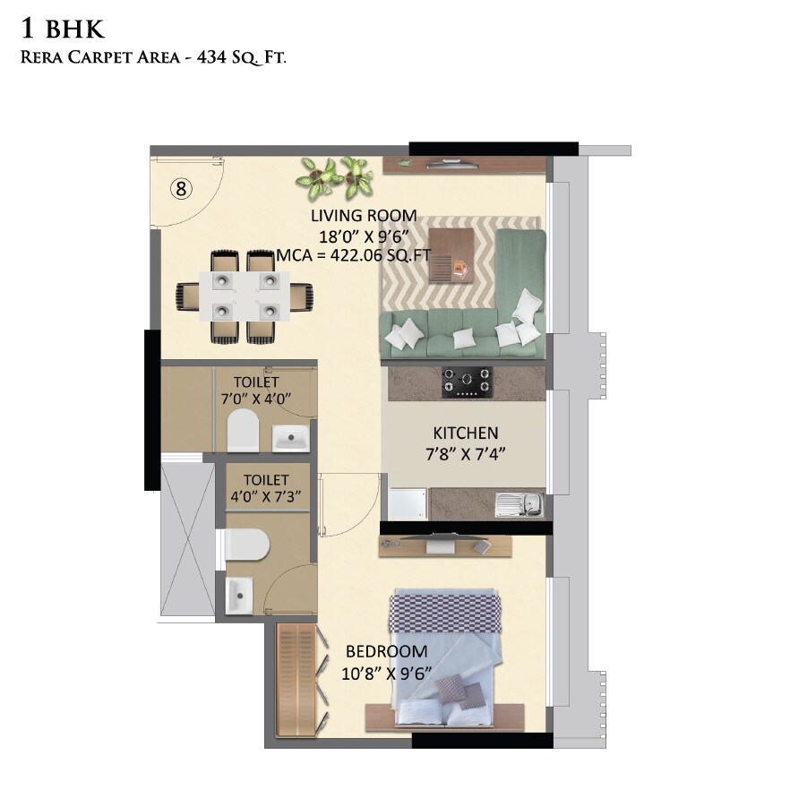Floor plan of 1 BHK 444 Sq. Ft. Apartment in Neminath Nemi Bhavan, Mumbai