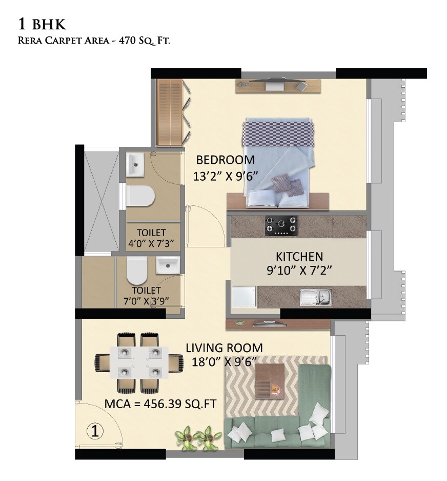Floor plan of 1 BHK 470 Sq. Ft. Apartment in Neminath Nemi Bhavan, Mumbai