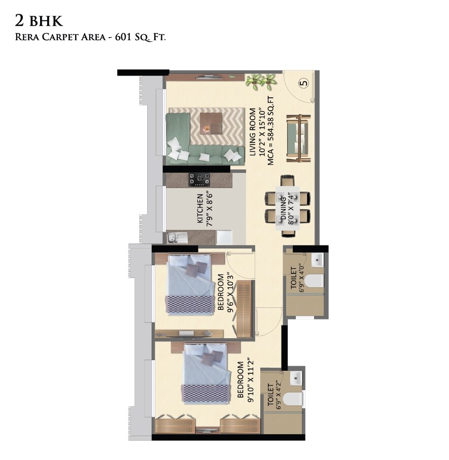 Floor plan of 2 BHK 601 Sq. Ft. Apartment in Neminath Nemi Bhavan, Mumbai