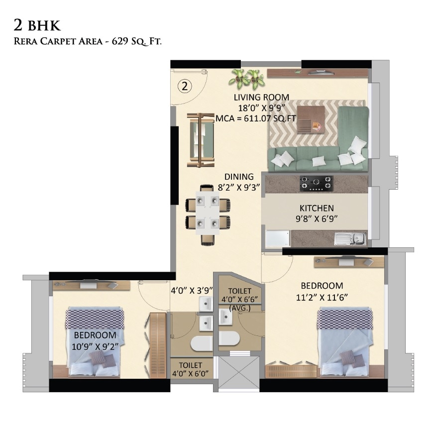 2 BHK 629 Sq. Ft. Apartment