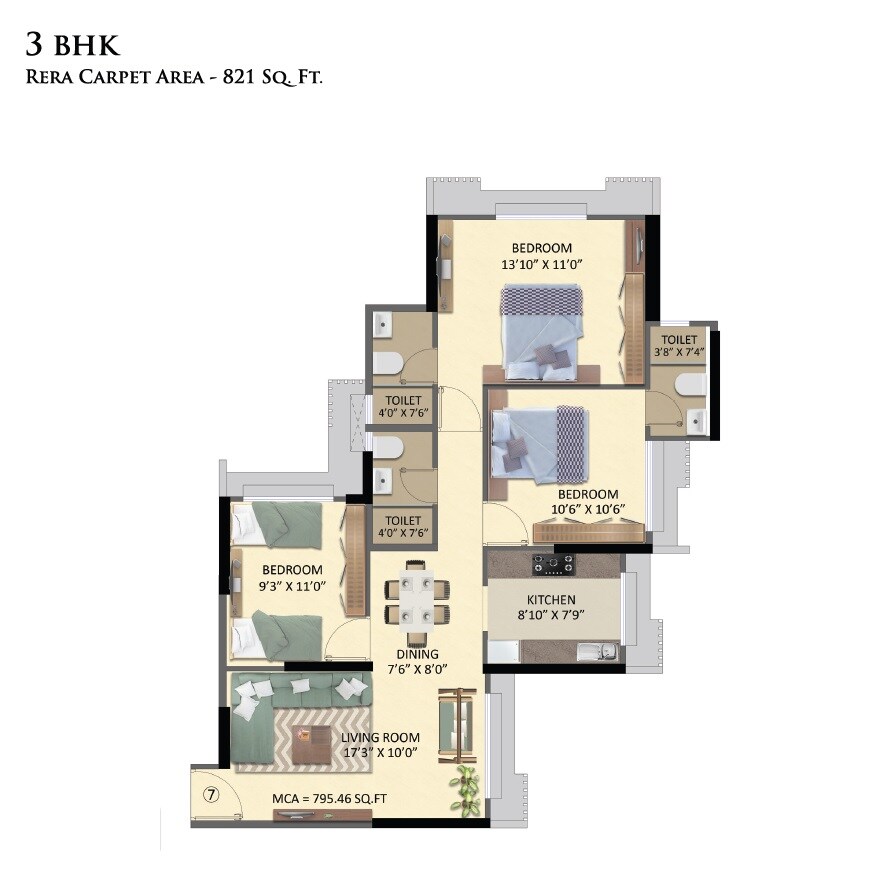 Floor plan of 3 BHK 821 Sq. Ft. Apartment in Neminath Nemi Bhavan, Mumbai