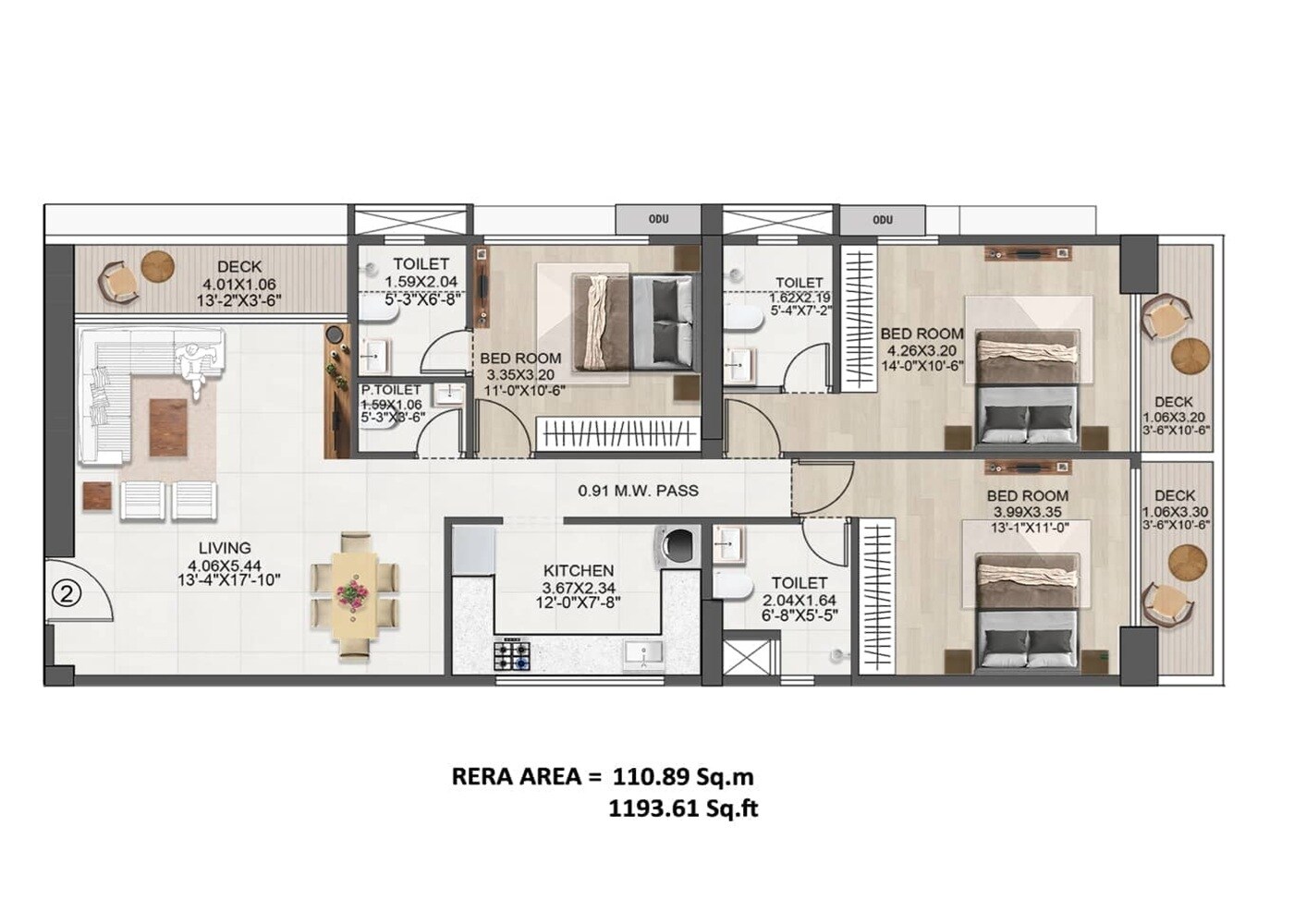 Floor plan of 3 BHK 1194 Sq. Ft. Apartment in Neminath One Reserve, Mumbai