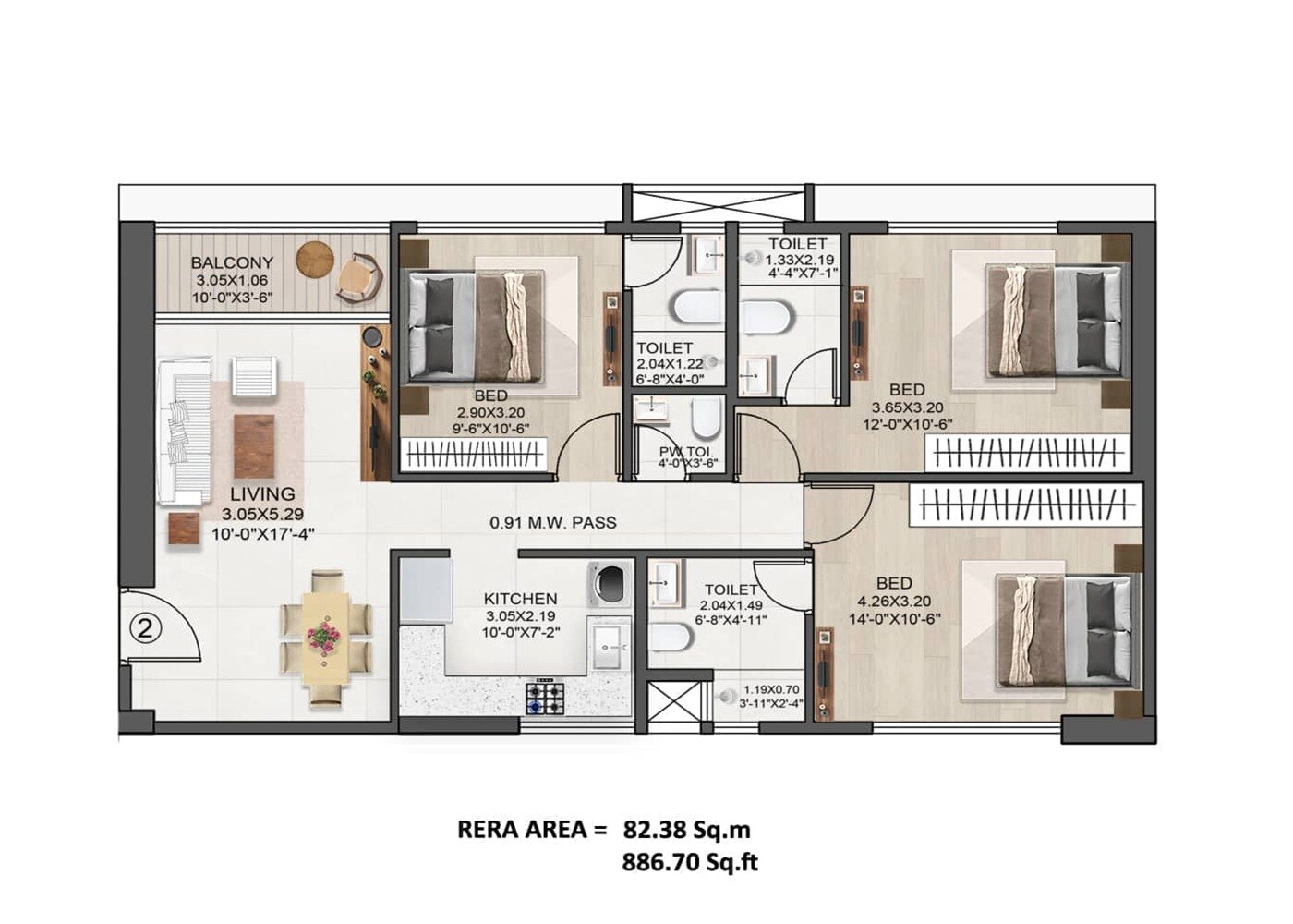 Floor plan of 3 BHK 887 Sq. Ft. Apartment in Neminath One Reserve, Mumbai