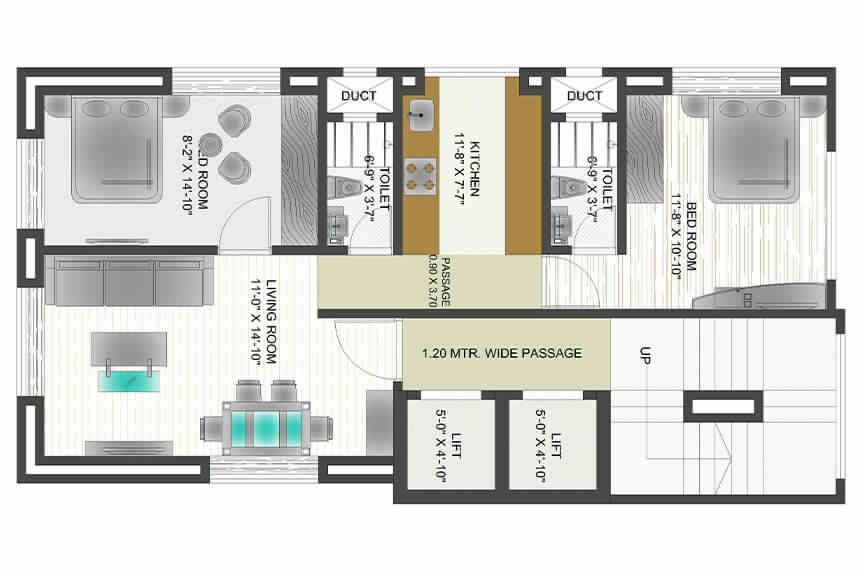 Floor plan of 2 BHK 1000 Sq. Ft. Apartment in Neo Pearl, Mumbai