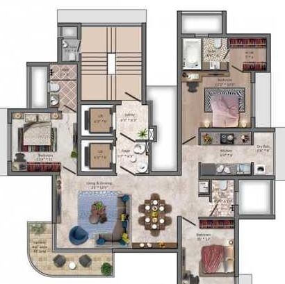 Floor plan of 3 BHK 2080 Sq. Ft. Apartment in Neptune Florencia, Mumbai