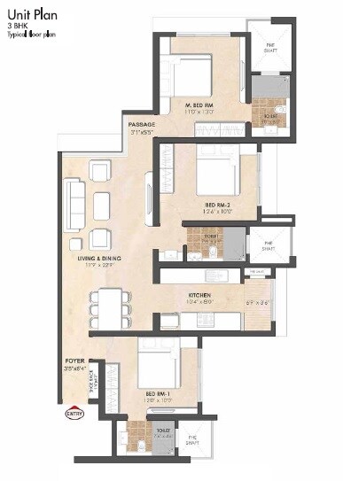 Floor plan of 3 BHK 1081 Sq. Ft. Apartment in Neptune Flying Kite, Mumbai
