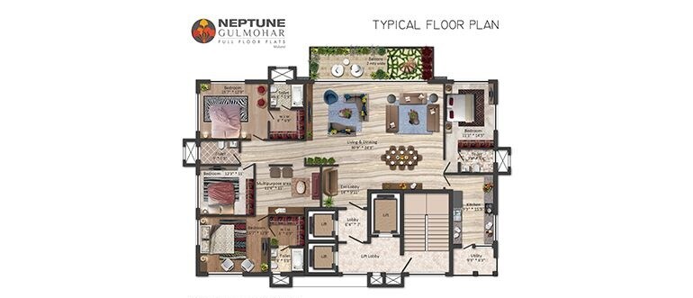 Floor plan of 4 BHK 2064 Sq. Ft. Apartment in Neptune Gulmohar, Mumbai