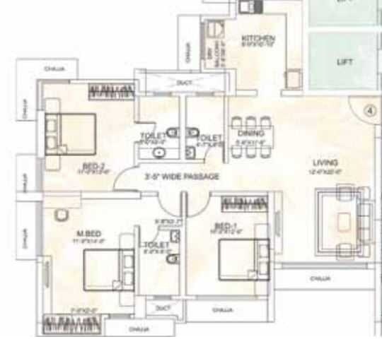 Floor plan of 3 BHK 1584 Sq. Ft. Apartment in Neptune Living Point, Mumbai