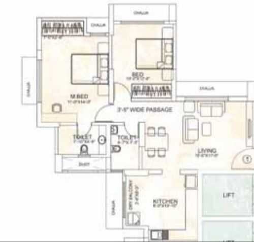 Floor plan of 2 BHK 984 Sq. Ft. Apartment in Neptune Living Point Phase II - Flying Kite, Mumbai