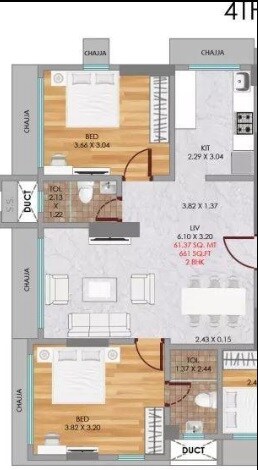 Floor plan of 2 BHK 661 Sq. Ft. Apartment in Neumec  Niwara, Mumbai