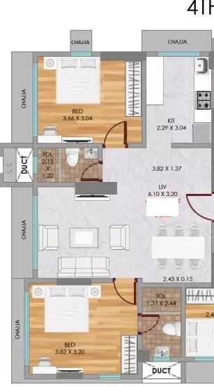 Floor plan of 2 BHK 695 Sq. Ft. Apartment in Neumec  Niwara, Mumbai