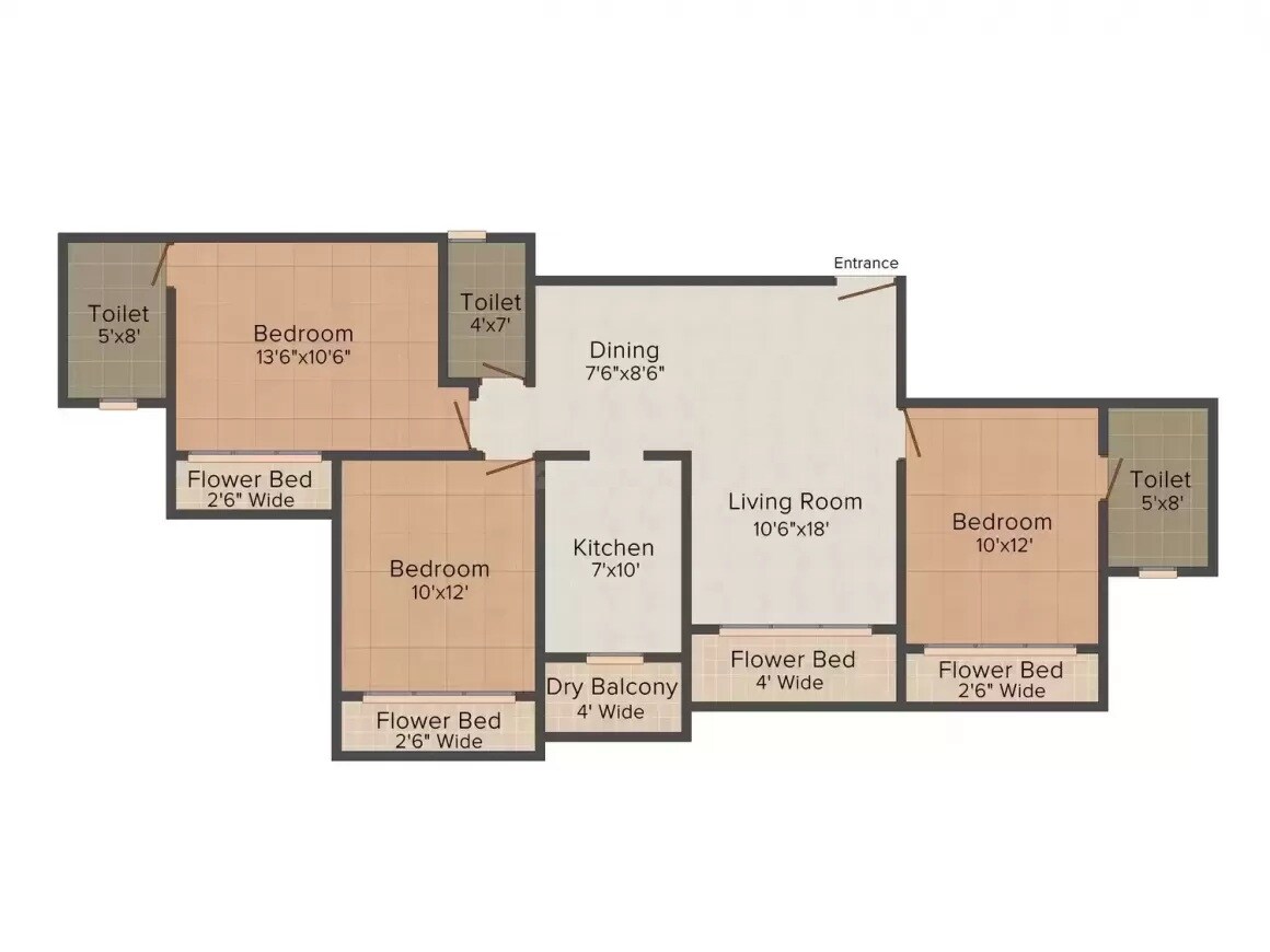 Floor plan of 3 BHK 818 Sq. Ft. Apartment in Neumec Eastwood, Mumbai