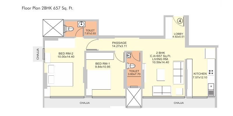 Floor plan of 2 BHK 657 Sq. Ft. Apartment in Neumec Morphosis Adagio, Mumbai