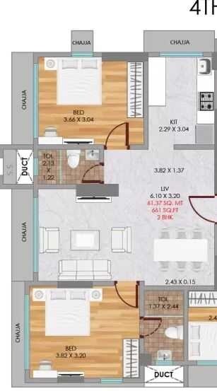 Floor plan of 2 BHK 661 Sq. Ft. Apartment in Neumec Niwara, Mumbai