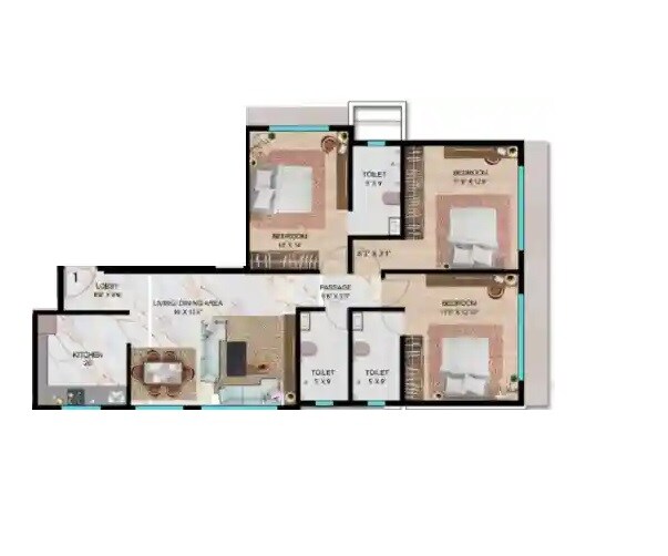 Floor plan of 3 BHK 1023 Sq. Ft. Apartment in New Ajay Villa, Mumbai