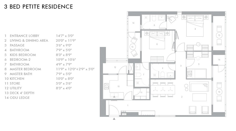 Floor plan of 3 BHK 1060 Sq. Ft. Apartment in New Cuffe Parade, Mumbai