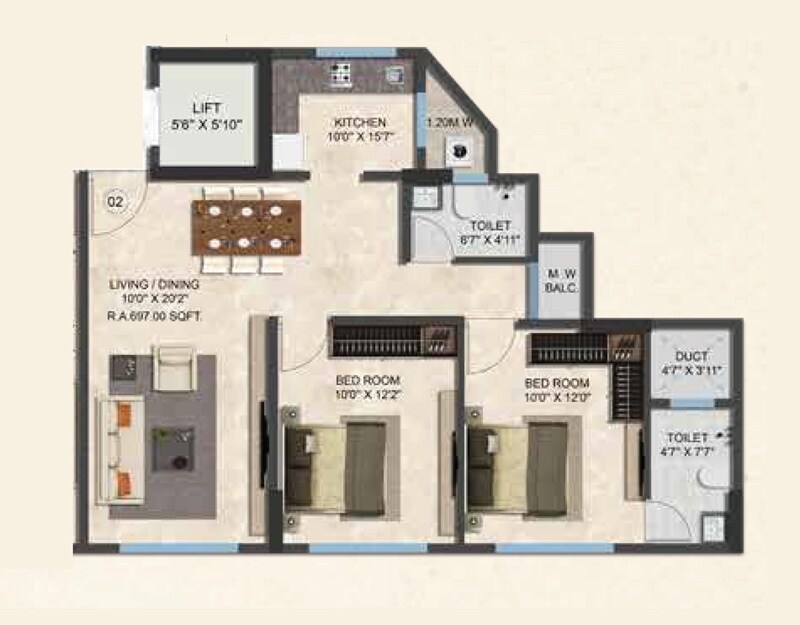 2 BHK 697 Sq. Ft. Apartment